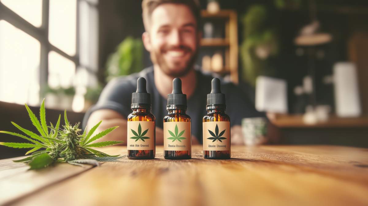 Huiles de CBD et homme qui sourit